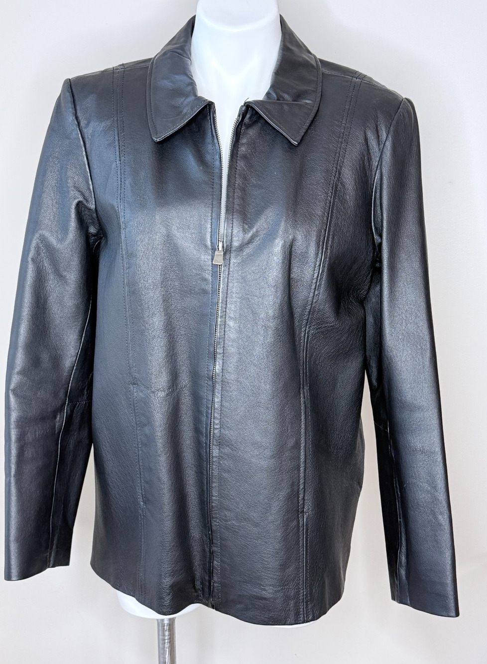 Kim Rogers Black Zip-Front Lined Leather Jacket Size M